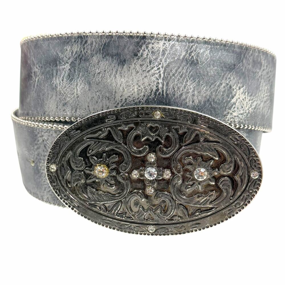 VTG 90s Y2K Belt Shak Silver Distressed Western Rhinestone Leather Belt Large L